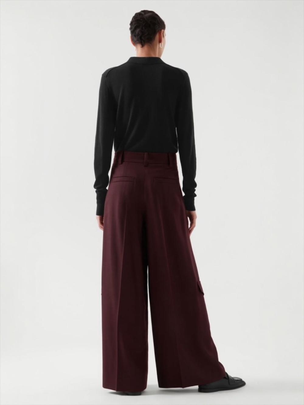 COS Wide Leg Cargo Pant Adjustable Waist Trousers Wool in Burgundy Size 6 - Picture 2 of 12